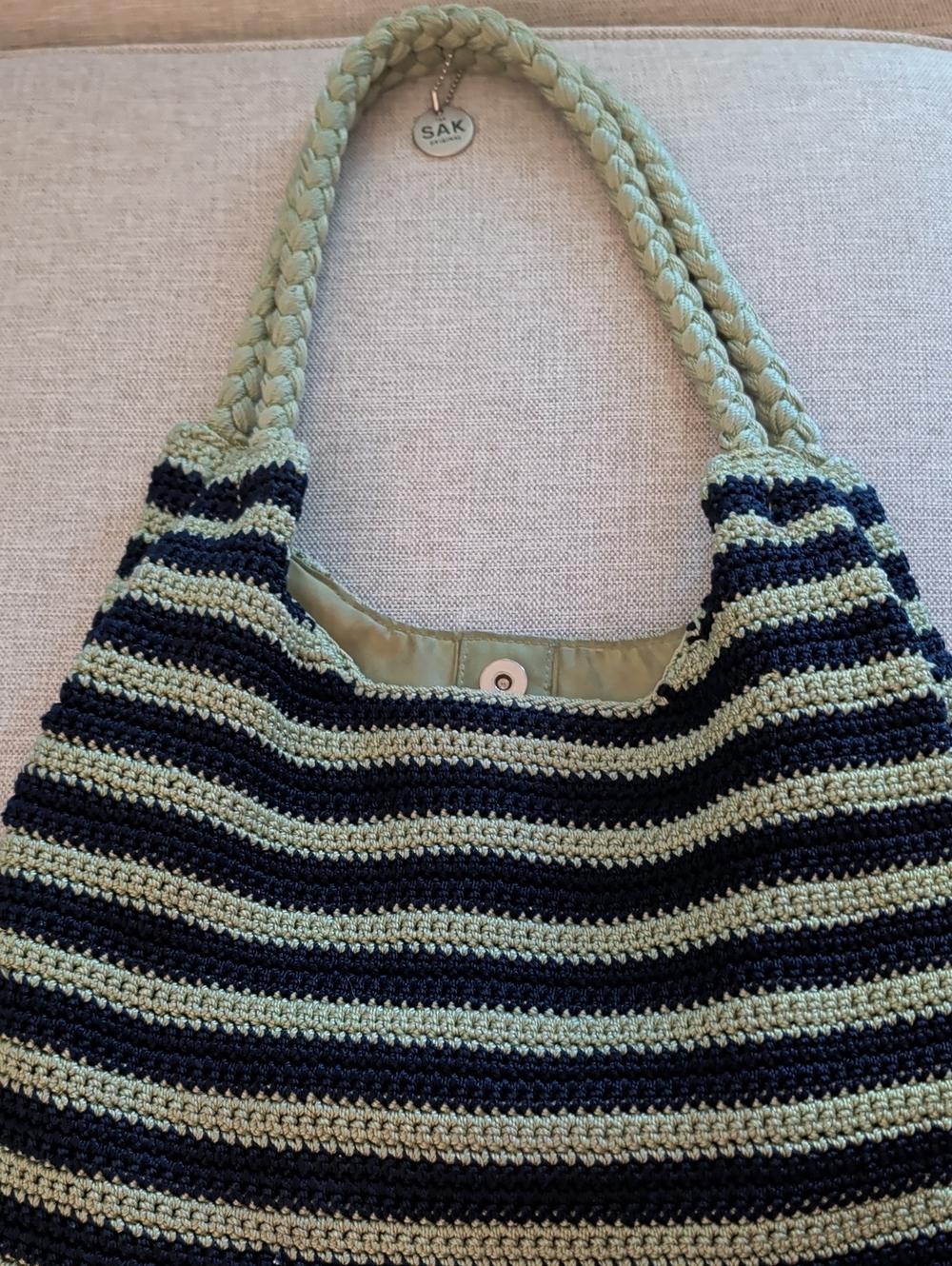 The Sak Striped Crochet Tote in Sage and Black